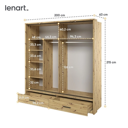 Szafa przesuwna z lustrem Arti 200 cm dąb artisan estetycznie wykonana szafa do sypialni wzbogacona oświetleniem LED pojemne szuflady