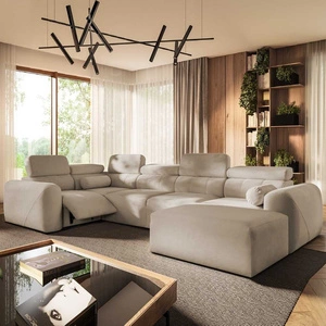 Narożnik z funkcją spania Cantare IV Lux beżowy prawostronny starannie wykonany narożnik do salonu z podnoszonym podnóżkiem