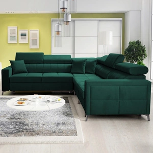 Narożnik z funkcją spania Nausa IV butelkowa zieleń prawostronny velvet dekoracyjne przeszycia narożnik z pojemnikami na pościel