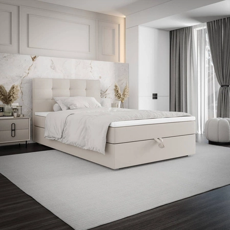 Łóżko kontynentalne Flint 90x200 beżowe w nowoczesnym skandynawskim stylu z tapicerowanym zagłówkiem łóżko z pojemnikiem