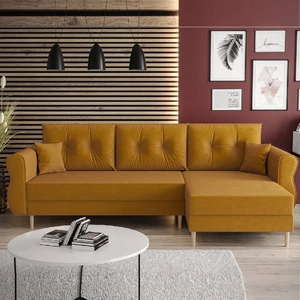 Narożnik z funkcją spania Wilkins musztardowy prawostronny stylowy i nowoczesny design wpisujący się w każdą aranżację