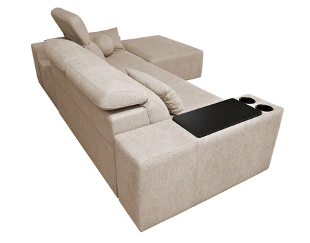 Narożnik z funkcją spania Tesalia beżowy prawostronny nowoczesny design komfortowe przesuwane oparcie szuflada w boczku mebla