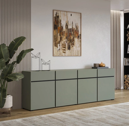 Komoda z szufladami Cross 225 cm zielona prosta forma w nowoczesnym wydaniu idealna komoda do salonu lub sypialni geometryczny kształt