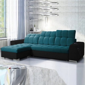 Narożnik z funkcją spania Luigi turkusowy / czarny lewostronny narożnik z dwoma pojemnikami na pościel tkanina o ciekawej strukturze