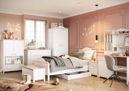 Szuflada do łóżka Luna 90x200 cm biała szuflada na kółkach z różowymi uchwytami praktyczny i pojemny schowek