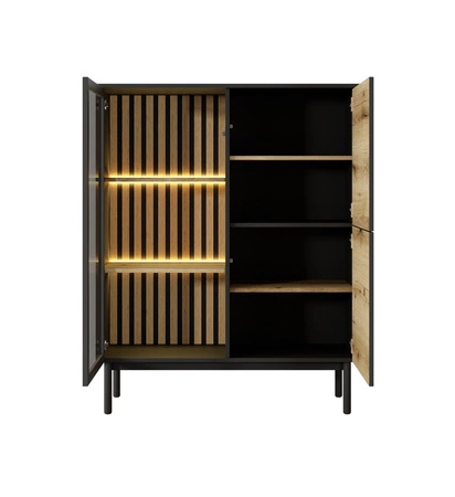 Witryna niska Clovis 100 cm czarny / dąb evoke doskonała witryna do salonu lub jadalni wnętrze mebla ozdobione dekoracyjnymi lamelami