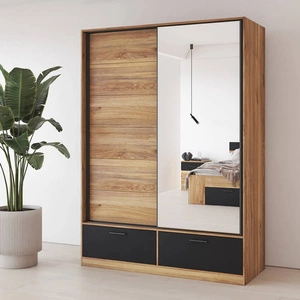 Szafa przesuwna Beta 150 cm dąb mauvella / czarny pojemna szafa z lustrem świetnie sprawdzi się w pomieszczeniach o każdej wielkości
