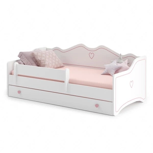 Łóżko Emily 80x160 cm białe dziecięce łóżko z materacem i barierką ochronną różowe uchwyty w kształcie serca ozdobny nadruk