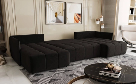 Narożnik z funkcją spania Oroso U grafitowy pojemnik na pościel miękka tkanina typu velvet z powłoką hydrofobową ozdobne pikowania