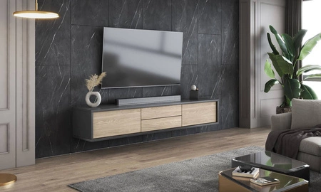 Szafka RTV Frida 180 cm antracyt / dąb olejowany z możliwością powieszenia nowoczesny design szafki pod telewizor z szufladami bezuchwytowe fronty