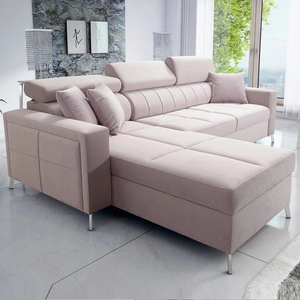Narożnik z funkcją spania Nausa pudrowy róż lewostronny velvet stylowy komfortowy narożnik regulowane zagłówki pojemnik na pościel