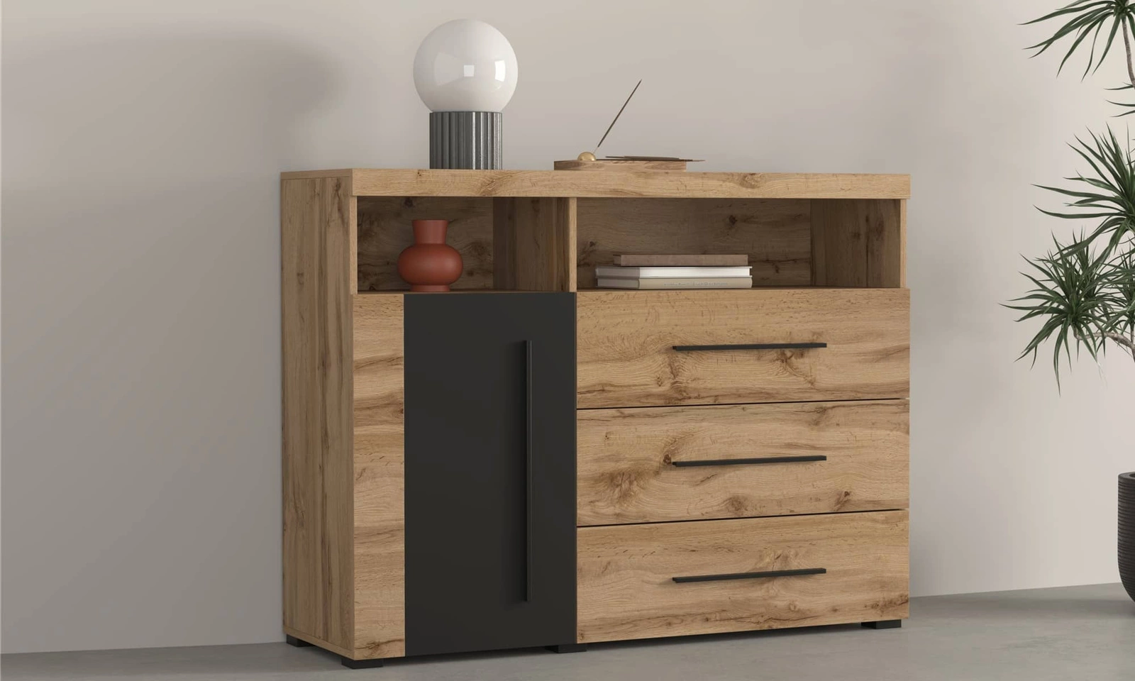 Komoda z szufladami Roger 121 cm w kolorze dąb wotan  / czarny
