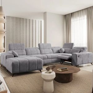 Narożnik z funkcją spania Penejos IV Lux jasny szary lewostronny stylowy narożnik rozkładany z komfortowym wysuwanym podnóżkiem