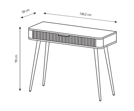 Konsola Lante beżowa z szufladą stylowa oraz funkcjonalna toaletka zaoblony kształt bryły ryflowany front złote dodatki