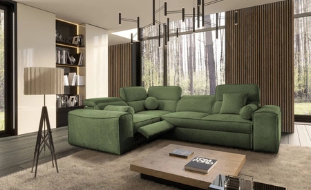 Narożnik z funkcją spania Viano II Lux zielony lewostronny designerski narożnik do salonu z komfortowym wysuwanym podnóżkiem
