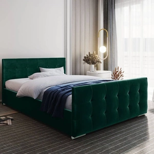 Łóżko tapicerowane Verlan 160x200 butelkowa zieleń z pojemnikiem w nowoczesnym skandynawskim stylu z pikowanym zagłówkiem oraz zanóżkiem