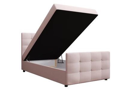 Łóżko kontynentalne Kansas 90x200 pudrowy róż w nowoczesnym skandynawskim stylu z tapicerowanym zagłówkiem oraz zanóżkiem