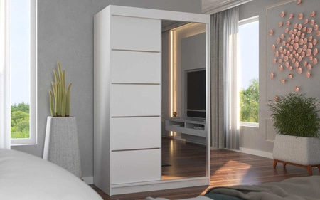 Szafa przesuwna z lustrem Nicea 120 cm biała pojemna szafa do sypialni z ozdobnymi listwami ergonomiczny układ wnętrza