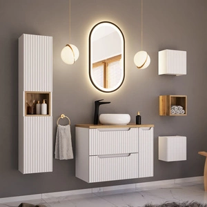 Zestaw mebli łazienkowych Nova biały / dąb coast evoke stylowe szafki łazienkowe z eleganckim pionowym ryflowaniem frezowane uchwyty