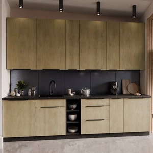 Zestaw mebli kuchennych Crotone 300 cm eleganckie szafki kuchenne z metalowymi uchwytami krawędziowymi szafka z koszem cargo