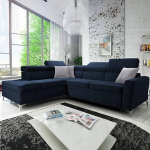 Narożnik z funkcją spania Rava III granatowy lewostronny velvet komfortowy narożnik z regulowanymi zagłówkami i pojemnikiem na pościel