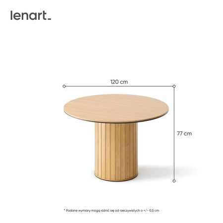 Stół okrągły Rotto 120 cm dąb vincenza nowoczesny design solidna podstawa przyozdobiona dekoracyjnymi lamelami stół do małej jadalni