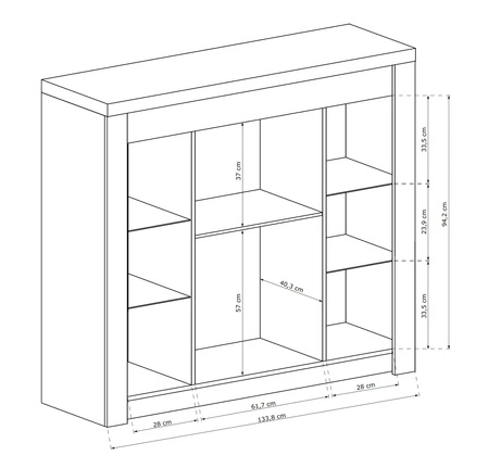 Komoda z szufladami Indiana 137 cm jesion jasny elegancka stylistyka komody z przeszkleniem ozdobna deska na froncie komody oświetlona LED
