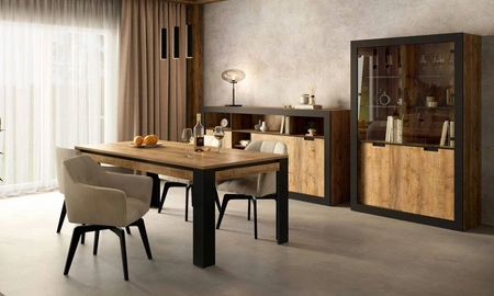 Witryna Tudor 120 cm dąb samdal / czarny stylowy design bezpieczne szkło hartowane witryna z drzwiami przesuwnymi w stylu industrialnym