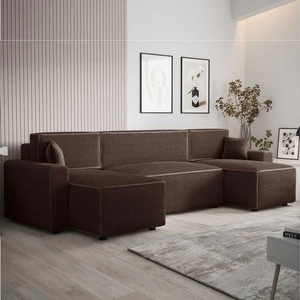 Narożnik z funkcją spania Brandon U Bis brązowy pojemnik na pościel trójwymiarowa tkanina o wyrazistych prążkach miękkie podłokietniki