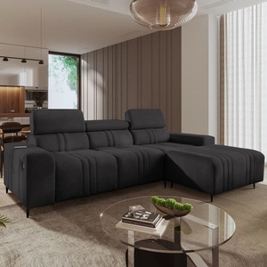 Narożnik z funkcją spania Castel grafitowy prawostronny komfortowy i stylowy narożnik rozkładany z pojemnikiem na pościel