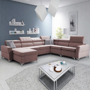 Narożnik z funkcją spania Rava VII lawendowy róż lewostronny praktyczny i nowoczesny narożnik do salonu z regulowanymi zagłówkami