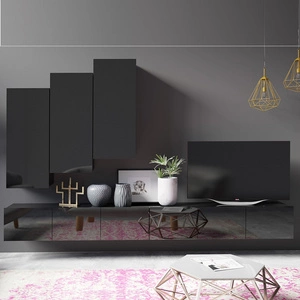Meblościanka Apulia XX czarny połysk wyjątkowo stylowa meblościanka proste bryły wpisujące się w każde wnętrze