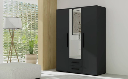 Szafa z lustrem Maxione 150 cm czarna funkcjonalna szafa do sypialni pokoju młodzieżowego lub przedpokoju wzbogacona szufladami