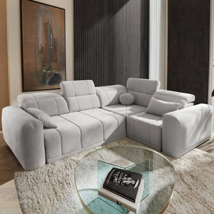 Narożnik z funkcją spania Cetara II szary popiel prawostronny stylowy design przesuwane oparcia regulowane zagłówki i pojemnik na pościel