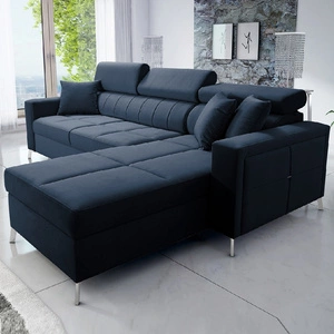 Narożnik z funkcją spania Nausa granatowy prawostronny velvet stylowy komfortowy narożnik regulowane zagłówki pojemnik na pościel