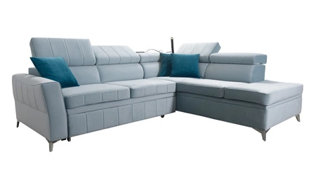 Narożnik z funkcją spania Rava III błękitny prawostronny velvet komfortowy narożnik z regulowanymi zagłówkami i pojemnikiem na pościel