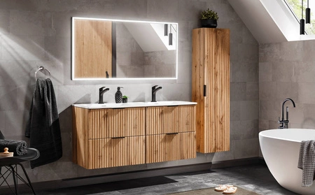 Zestaw mebli łazienkowych Adeel dąb wotan nowoczesne meble do łazienki z ryflowanymi frontami wysoka odporność na działanie wilgoci