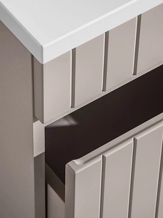 Zestaw mebli łazienkowych Iconic beżowy / dąb coast evoke zestaw mebli z szafkami pod umywalki nablatowe odporne na działanie wilgoci