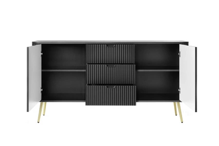 Komoda z szufladami Zoya 168 cm czarna elegancki design owalny kształt bryły osadzony na złotych nogach gustowny ryflowany front