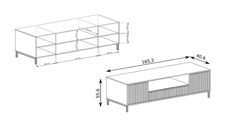 Szafka RTV Linka 165 cm beżowa stylowy design ozdobny wzór na frontach w postaci frezowanych ryfli czarne uchwyty krawędziowe