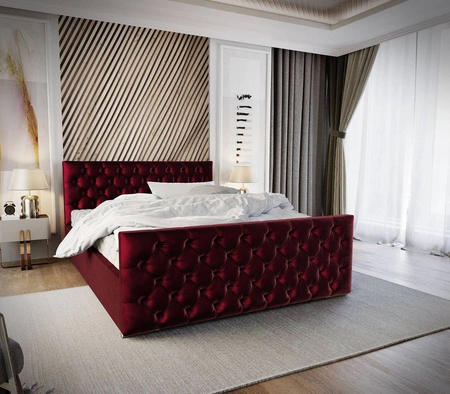Łóżko tapicerowane Viamao 140x200 bordowe z pojemnikiem w nowoczesnym skandynawskim stylu z pikowanym wezgłowiem oraz zanóżkiem
