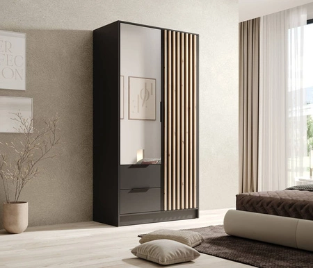 Szafa z lustrem Neri 102 cm czarna stylowe lamele zdobiące drzwi szafy pojemne szuflady uchwyty krawędziowe