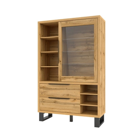 Witryna Halle 120 cm dąb wotan prosta forma witryny loft wsparta na metalowym stelażu nietuzinkowy design pojemne szuflady