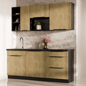 Zestaw mebli kuchennych Crotone 180 cm eleganckie szafki kuchenne o subtelnej i naturalnej kolorystyce idealny zestaw do małej kuchni