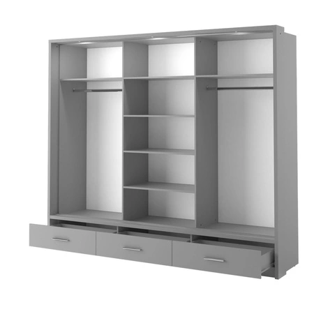 Szafa przesuwna z lustrem Arti 250 cm szara estetycznie wykonana szafa do sypialni wzbogacona oświetleniem LED pojemne szuflady