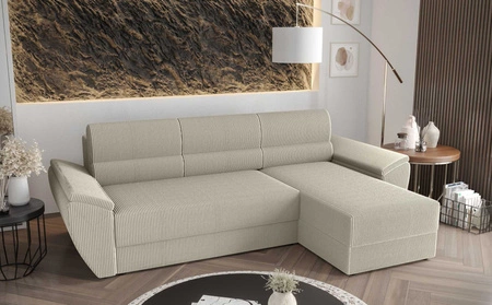 Narożnik z funkcją spania Fogu II kość słoniowa prawostronny stylowy narożnik z komfortowymi podłokietnikami i pojemnikiem na pościel