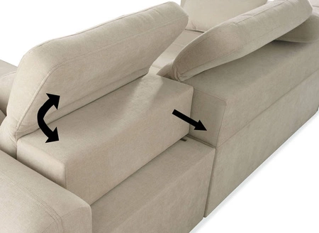 Narożnik z funkcją spania Cetara IV błękitny prawostronny stylowy design narożnika z przesuwanymi oparciami dwa pojemniki na pościel