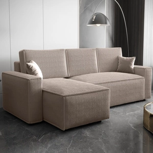 Narożnik z funkcją spania Nelo beżowy lewostronny praktyczny i nowoczesny narożnik pokryty sztruksową tkaniną pojemnik na pościel