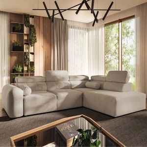 Narożnik z funkcją spania Cantare VII beżowy prawostronny narożnik z pojemnikiem na pościel wykonany z trwałej tkaniny typu plusz