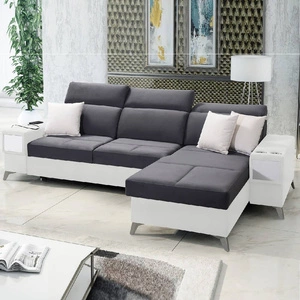 Narożnik z funkcją spania Elgin grafitowy / biały prawostronny narożnik z regulowanymi zagłówkami praktyczne szuflady w boczkach mebla